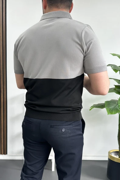 Erkek Renk Bloklu Polo Yaka Yarım Fermuarlı Tişört Siyah Edw234 - Resim 4