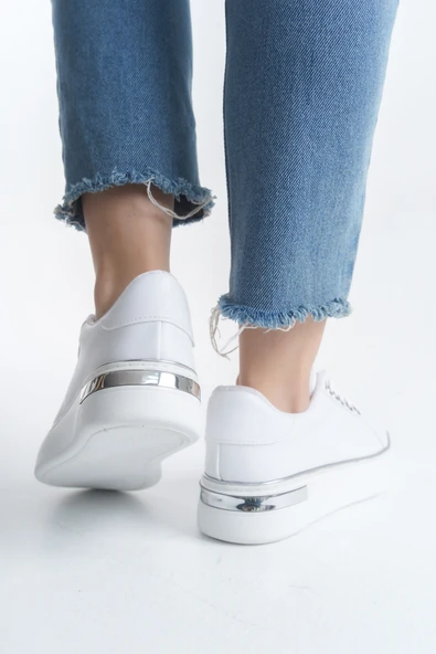 MINA Beyaz Gümüş Bağcıklı Ortopedik Taban Kadın Sneaker Spor Ayakkabı - 3