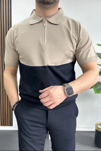 Erkek Renk Bloklu Polo Yaka Yarım Fermuarlı Tişört Vizon Edw234 - Resim 2