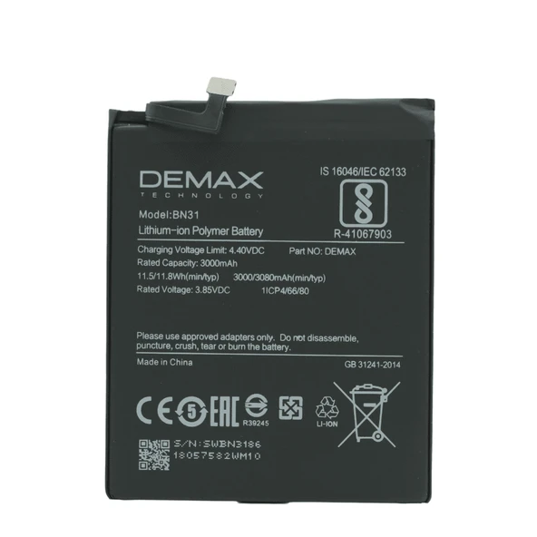 Demax Xiaomi Redmi Note 5A Güçlendirilmiş Batarya BN31