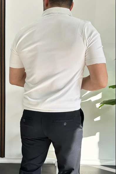 Erkek Açık Yaka Çizgli Tişört Beyaz Edw236 - Resim 3