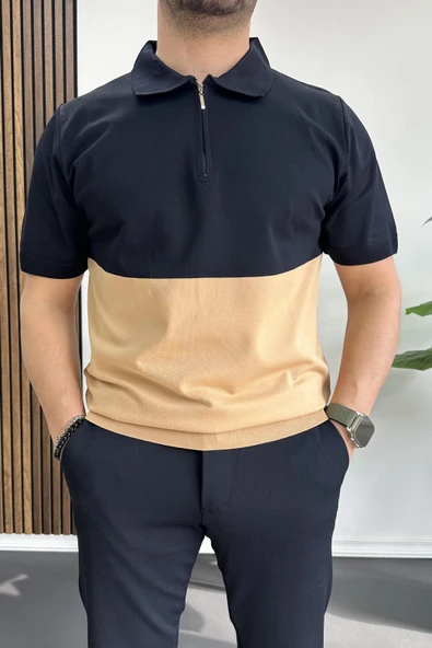 Erkek Renk Bloklu Polo Yaka Yarım Fermuarlı Tişört Lacivert Edw234 ürün görseli