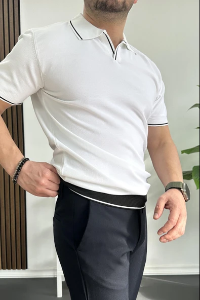 Erkek Açık Yaka Şerit Detaylı Tişört Beyaz Edw235 - Resim 3