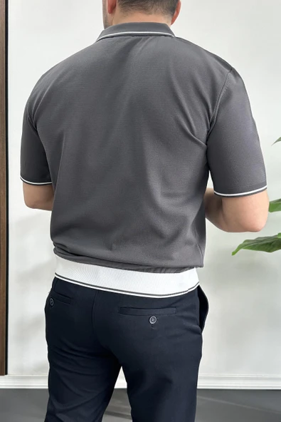 Erkek Açık Yaka Şerit Detaylı Tişört Füme Edw235 - Resim 3