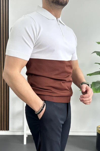 Erkek Renk Bloklu Polo Yaka Yarım Fermuarlı Tişört Kiremit Edw234 - Resim 3