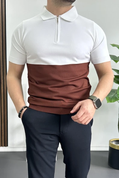 Erkek Renk Bloklu Polo Yaka Yarım Fermuarlı Tişört Kiremit Edw234 - Resim 2