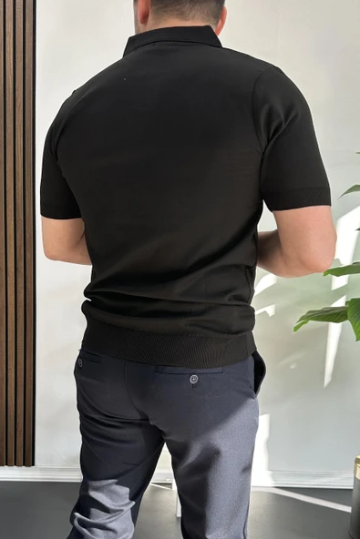 Erkek Açık Yaka Çizgli Tişört Siyah Edw236 - Resim 4