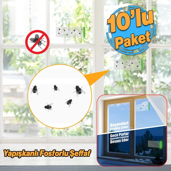 Fosforlu Yapışkanlı Şeffaf Kokusuz Haşere Sinek Kapanı Şerit Bandı 215 mm x 125 mm 10'lu Paket