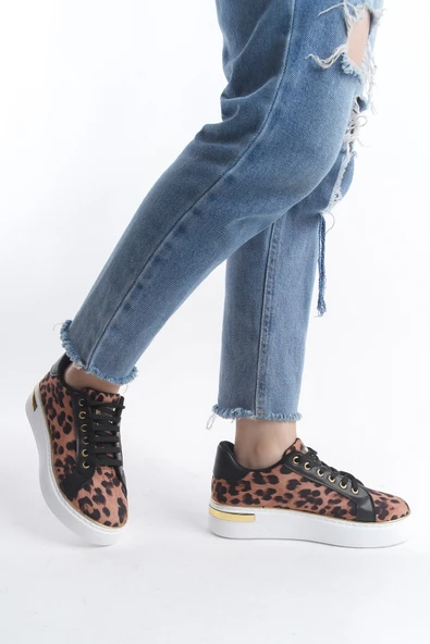 MINA Kahverengi Bağcıklı Ortopedik Taban Leopar Desenli Kadın Sneaker Spor Ayakkabı - 2