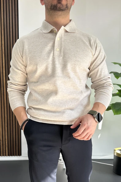 Erkek Düğmeli Polo Yaka Kazak Bej Edw231 - 2