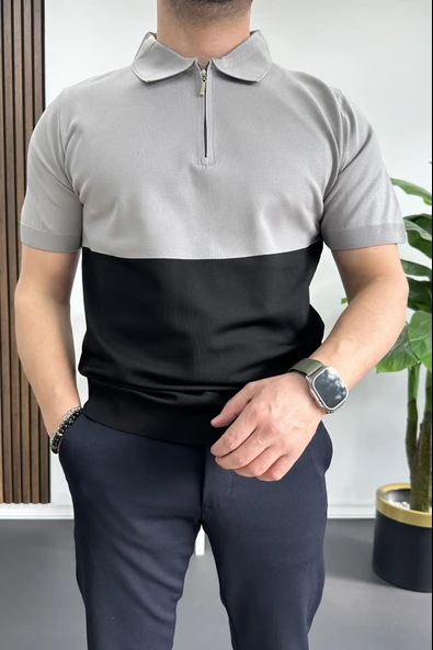 Erkek Renk Bloklu Polo Yaka Yarım Fermuarlı Tişört Siyah Edw234 - Resim 2