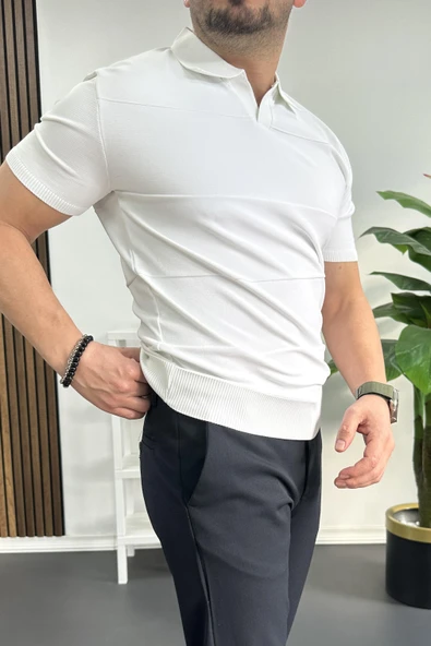 Erkek Açık Yaka Bloklu Tişört Beyaz Edw237 - Resim 2