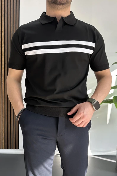 Erkek Açık Yaka Çizgli Tişört Siyah Edw236 - Resim 2