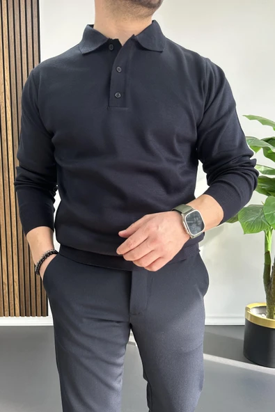 Erkek Düğmeli Polo Yaka Kazak Lacivert Edw231 - 2