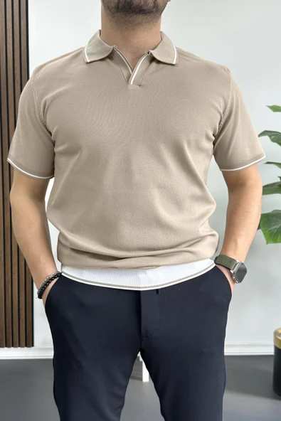 Erkek Açık Yaka Şerit Detaylı Tişört Vizon Edw235 ürün görseli