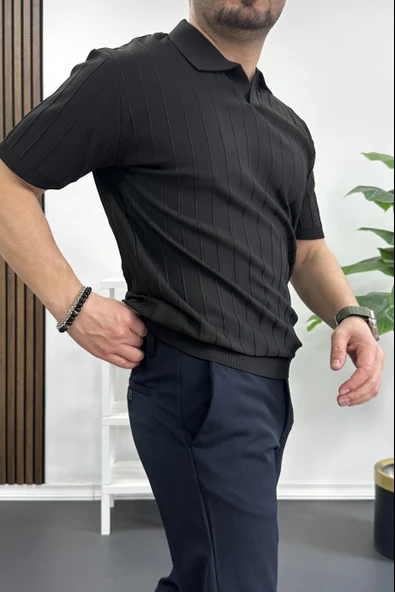 Erkek Açık Yaka Desenli Tişört Siyah Edw238 - 3