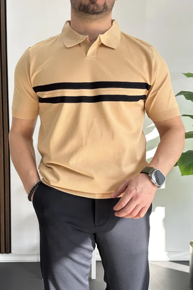 Erkek Açık Yaka Çizgli Tişört Sarı Edw236 - Resim 2