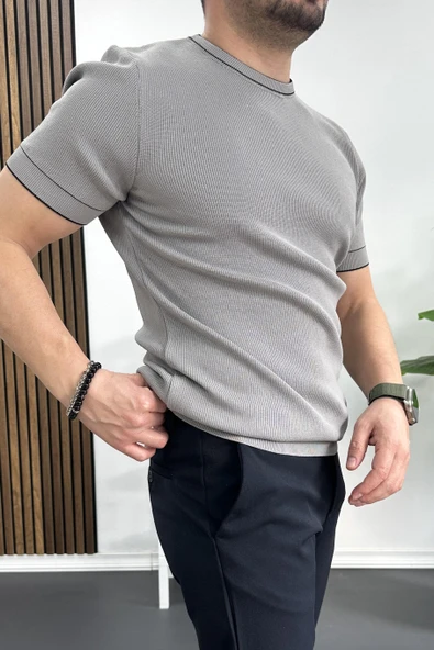 Erkek Bisiklet Yaka Triko Tişört Gri Edw233 - Resim 3