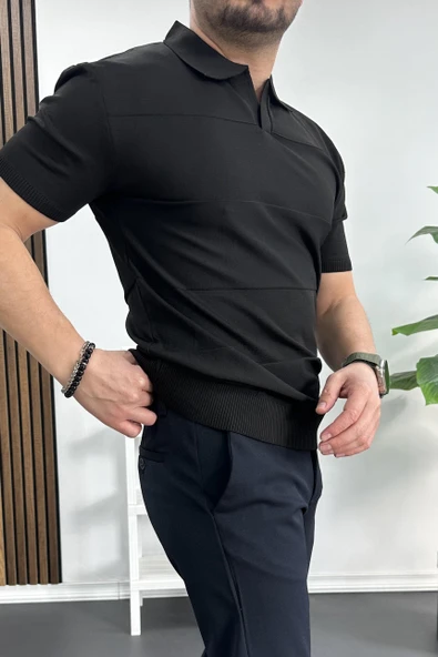 Erkek Açık Yaka Bloklu Tişört Siyah Edw237 - Resim 2