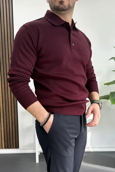 Erkek Düğmeli Polo Yaka Kazak Bordo Edw231 - Resim 3