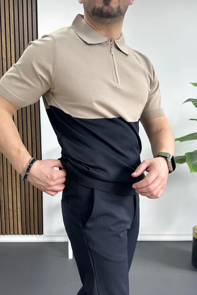 Erkek Renk Bloklu Polo Yaka Yarım Fermuarlı Tişört Vizon Edw234 - Resim 3