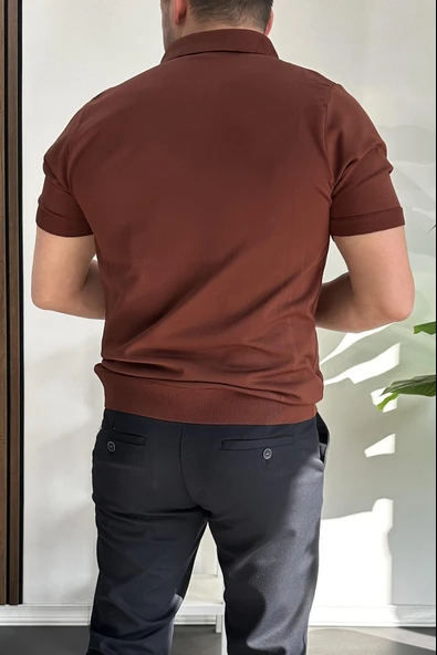 Erkek Açık Yaka Çizgli Tişört Kiremit Edw236 - 4