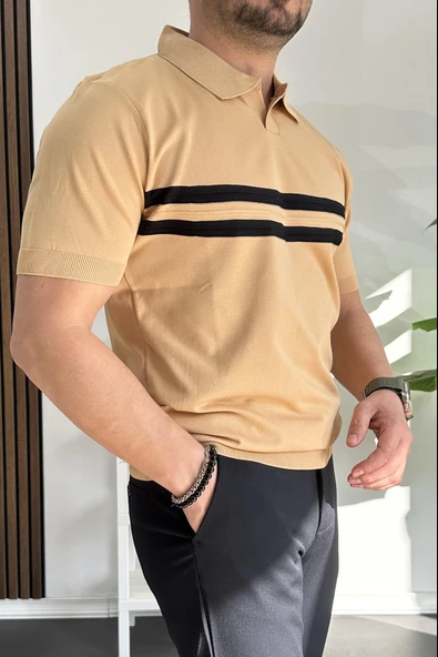 Erkek Açık Yaka Çizgli Tişört Sarı Edw236 - Resim 3