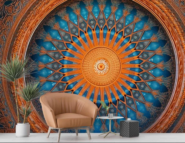 Turuncu Franktal Mandala Etnik Motif Duvar Kağıdı - Resim 6