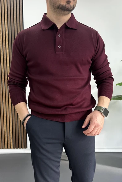Erkek Düğmeli Polo Yaka Kazak Bordo Edw231 - Resim 2