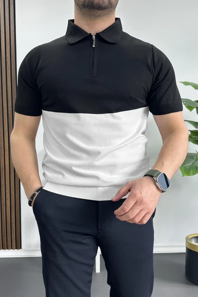 Erkek Renk Bloklu Polo Yaka Yarım Fermuarlı Tişört Beyaz Edw234 - 2