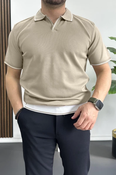 Erkek Açık Yaka Şerit Detaylı Tişört Vizon Edw235 - Resim 2