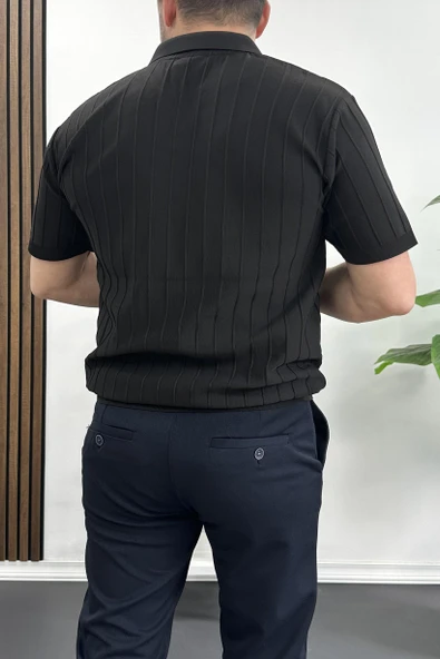 Erkek Açık Yaka Desenli Tişört Siyah Edw238 - 4