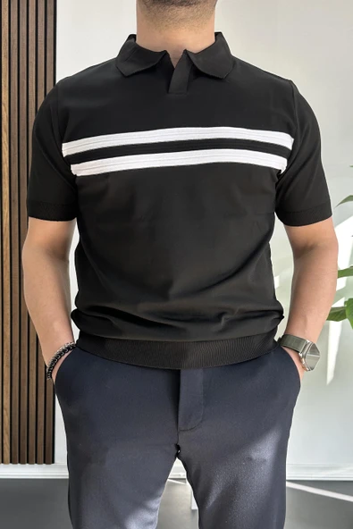 Erkek Açık Yaka Çizgli Tişört Siyah Edw236 ürün görseli