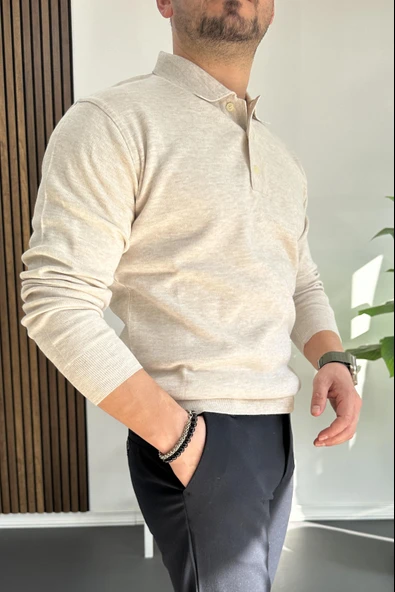 Erkek Düğmeli Polo Yaka Kazak Bej Edw231 - 3