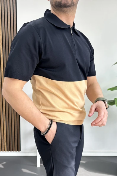 Erkek Renk Bloklu Polo Yaka Yarım Fermuarlı Tişört Lacivert Edw234 - Resim 3