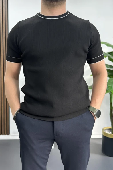 Erkek Bisiklet Yaka Triko Tişört Siyah Edw233 ürün görseli