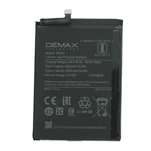 Demax Xiaomi Redmi Note 9 Pro Güçlendirilmiş Batarya BN53