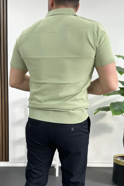 Erkek Açık Yaka Bloklu Tişört Yeşil Edw237 - Resim 3