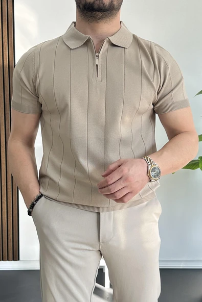 Erkek Yarım Fermuarlı Polo Yaka Tişört Vizon Edw257 - 2