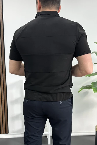 Erkek Açık Yaka Bloklu Tişört Siyah Edw237 - Resim 3