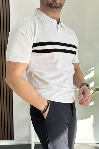 Erkek Açık Yaka Çizgli Tişört Beyaz Edw236 - Resim 2