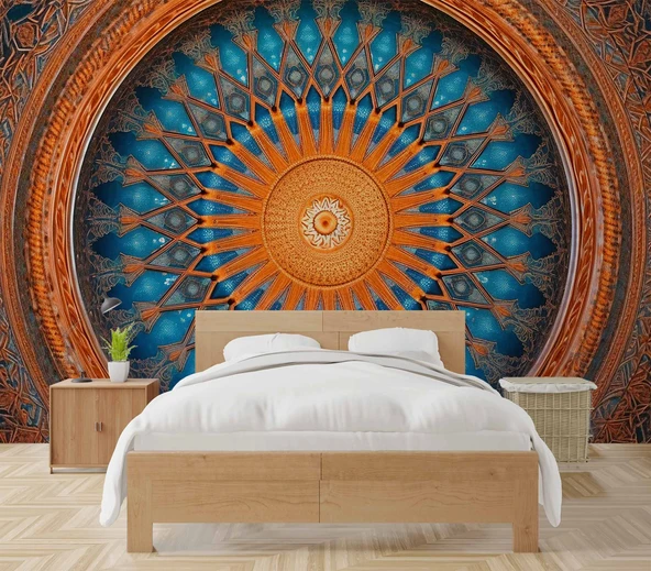 Turuncu Franktal Mandala Etnik Motif Duvar Kağıdı - Resim 2