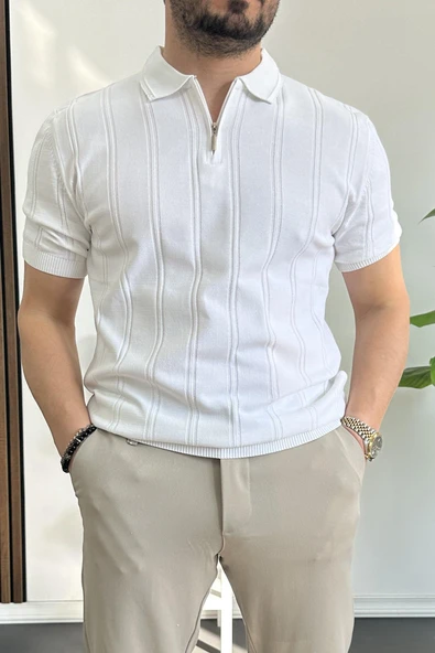 Erkek Polo Yaka Fermuarlı Desenli Tişört Beyaz Edw262 ürün görseli