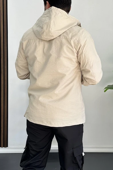 Erkek Slim Fit Krinkıl Kumaş Kanguru Cepli Yarım Fermuarlı Mevsimlik Mont Krem Edw077 - 4
