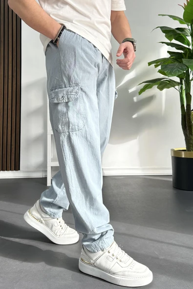 Erkek Baggy Kalıp Kargo Cepli Pantolon Açık Mavi Edw131 ürün görseli