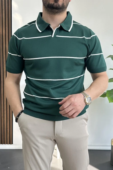 Erkek Açık Yaka Yan Çizgili Tişört Koyu Yeşil Edw259 ürün görseli