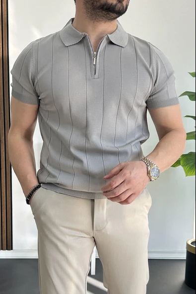 Erkek Yarım Fermuarlı Polo Yaka Tişört Gri Edw257 - Resim 2