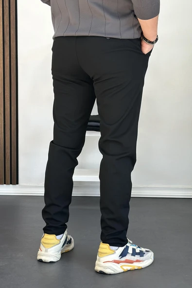 Erkek Beli Düğmeli Dar Paça Jogger Pantolon Siyah Edw224 - Resim 3