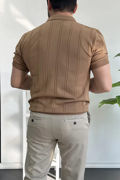Erkek Polo Yaka Fermuarlı Desenli Tişört Kahverengi Edw262 - Resim 4