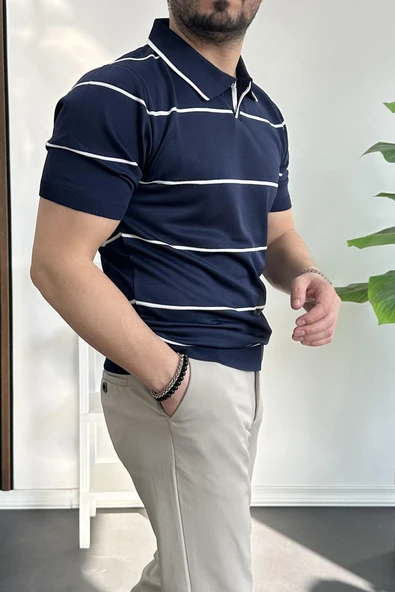 Erkek Açık Yaka Yan Çizgili Tişört Lacivert Edw259 - Resim 3